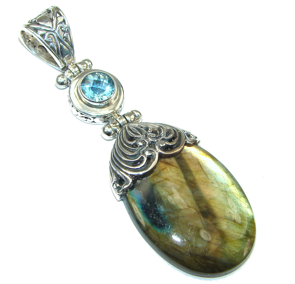 Big! Bali Secret! AAA Blue Labradorite & Swiss Blue Topaz Sterling Silver Pendant
