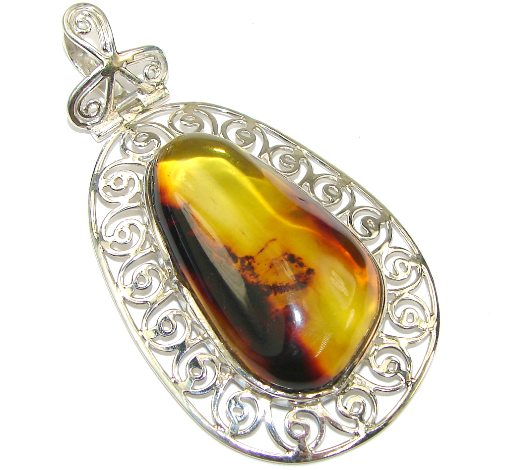 Big! Stunning Green AAA Polish Amber Sterling Silver Pendant