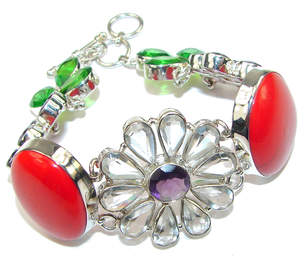 Weaving Light! Red Fossilized Coral & Amethyst Sterling Silver Bracelet