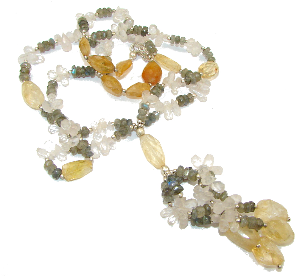 Summer Allure! Yellow Citrine & Labradorite & Rose Quartz Sterling Silver necklace