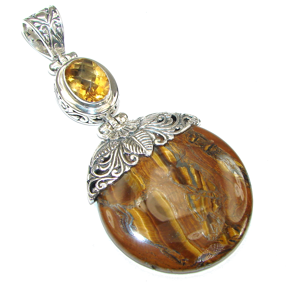 Large! Exclusive Golden Tigers Eye & Citrine Sterling Silver Pendant