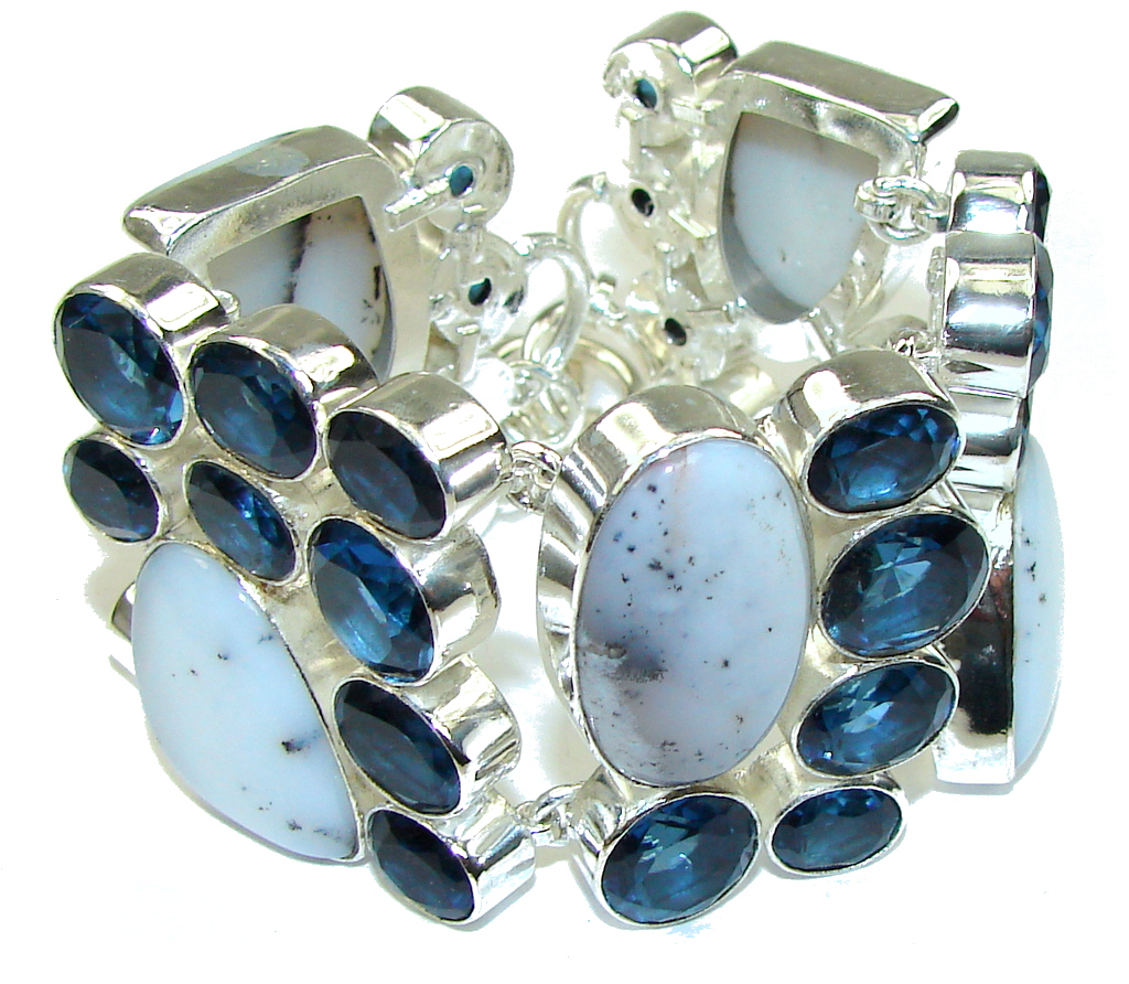 Beautiful! White Dendritic Agate & London Blue Topaz Sterling Silver Bracelet