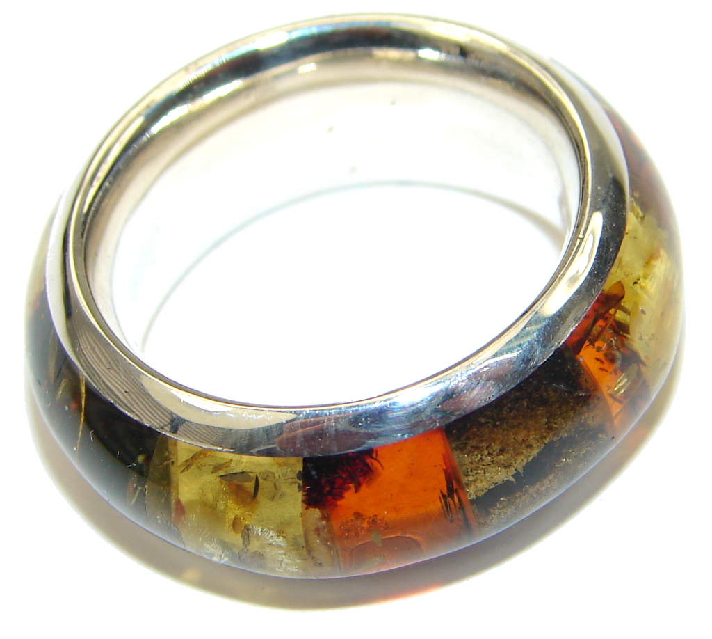 Gorgeous! AAA Mosaic Polish Amber Sterling Silver Ring / Band s. 7 1/2