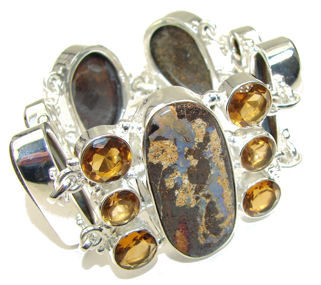 Stylish Design! Boulder Opal & Golden Quartz Sterling Silver Bracelet