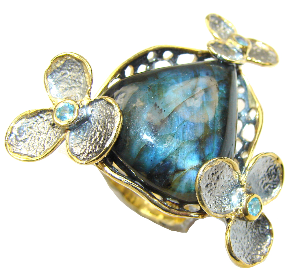 Large! Gallery Piece! AAA Labradorite & Swiss Blue Topaz, Gold Plated, Rhodium Plated Sterling Silver Ring s. 10