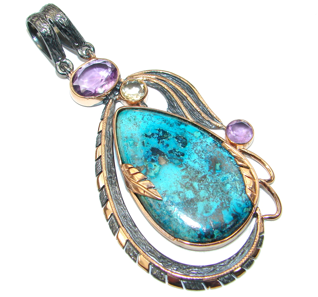 Excellent! 3 inches Blue Chrysocolla Rose Gold Plated over Sterling Silver Pendant