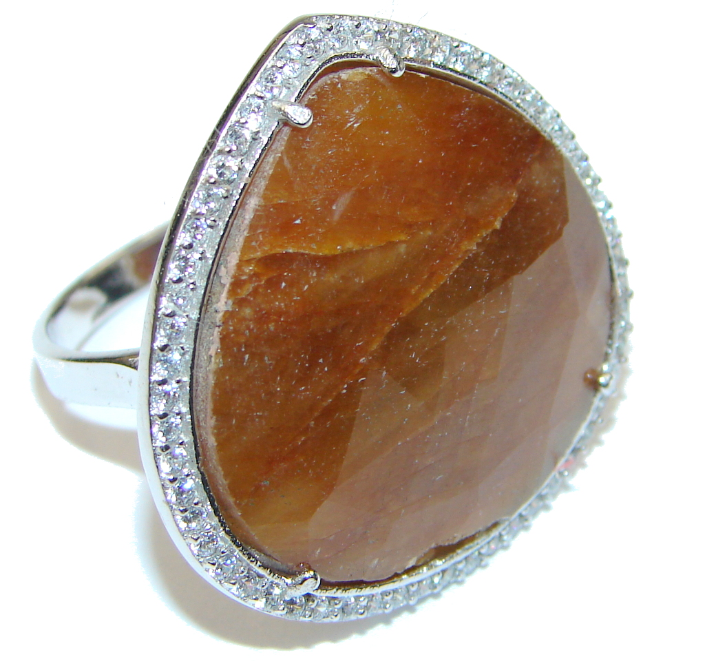 Stunning! Orange Sapphire & White Topaz Sterling Silver Ring s. 8 1/4