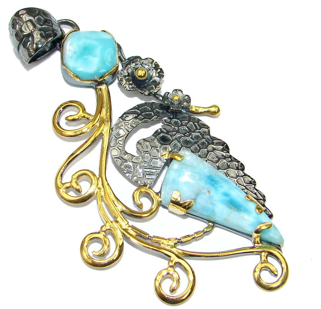 Large! Gorgeous Design! Blue Larimar, Gold Plated, Rhodium Plated Sterling Silver Pendant