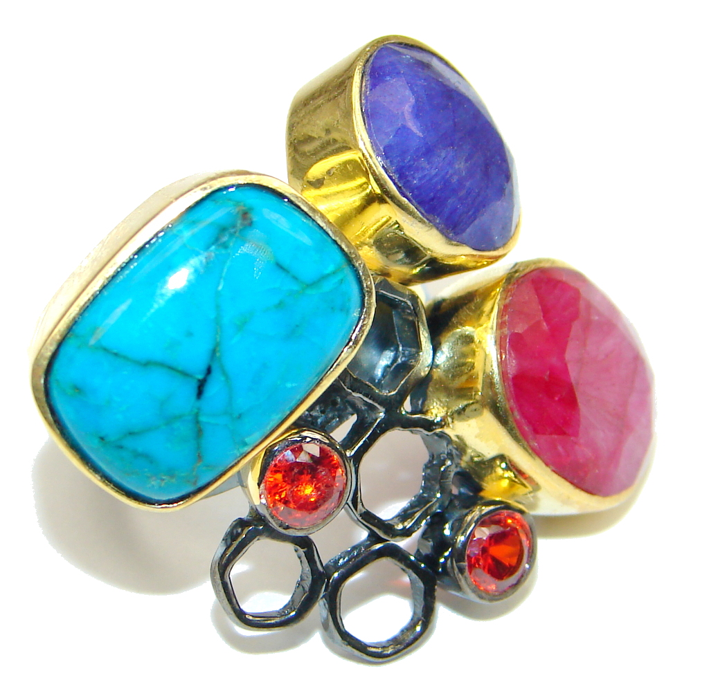 Beautiful! Turquoise Gold Plated, Rhodium Plated Sterling Silver ring s. 7 1/2