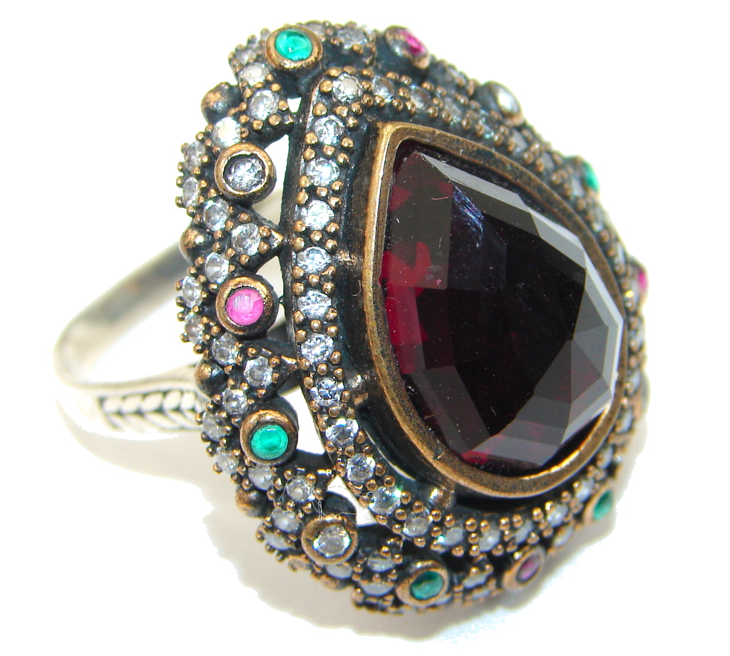 Victorain Style! Deep Red Garnet Quartz Sterling Silver Ring s. 7 1/2
