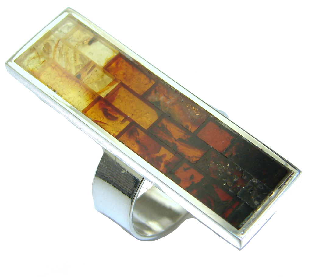 Big! Amazing Mosaic Brown Polish Amber Sterling Silver Ring s. 8