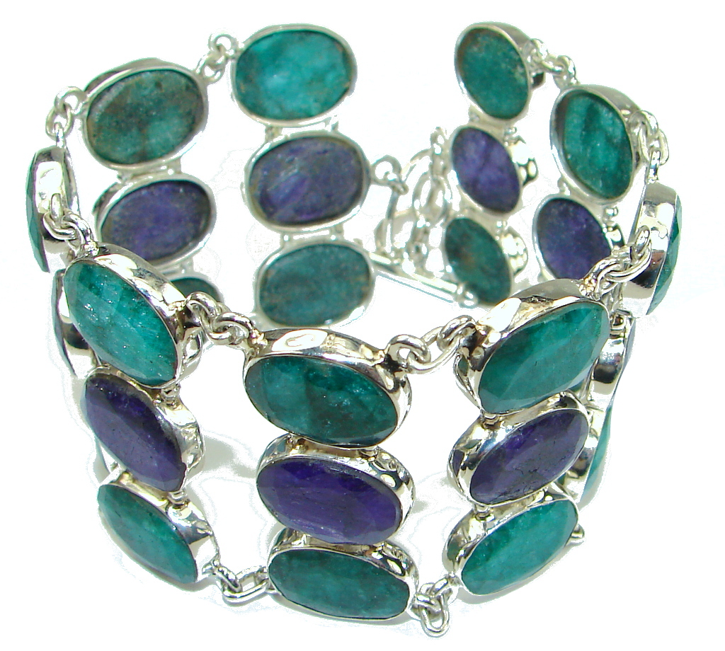 Beautiful! Green Emerald & Sapphire Sterling Silver Bracelet