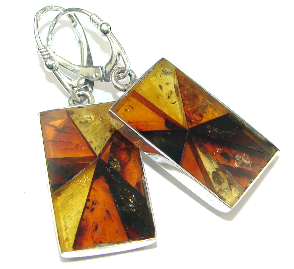 Perfect Mosiac Polish Brown Amber Sterling Silver earrings