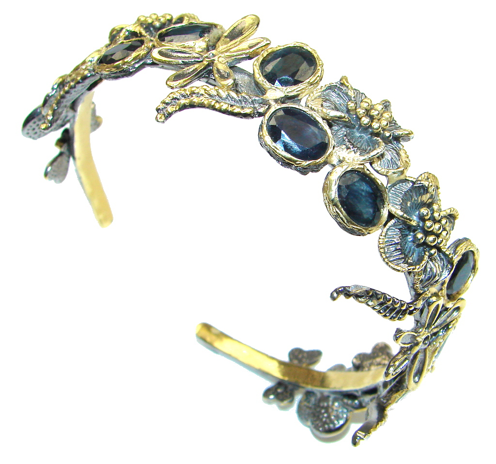 Beautiful! Deep Blue Sapphire Two Tones Sterling Silver Bracelet