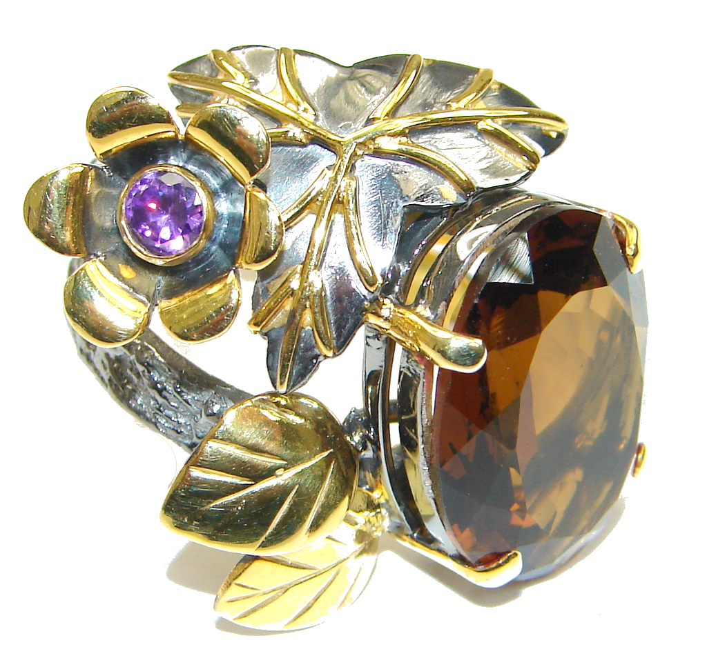 AAA Smoky Topaz, Gold Plated Rhodium Plated Sterling Silver ring s. 8