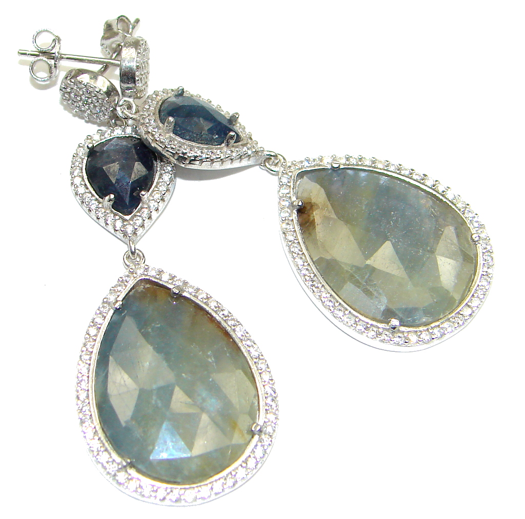 Victorian Style! Blue Sapphire & White Topaz Sterling Silver earrings