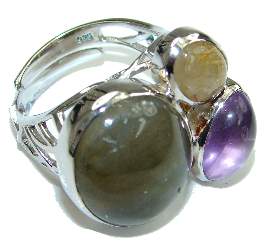 AAA Labradorite, Amethyst, Gold Rutilated Quartz Sterling Silver Ring s. 8