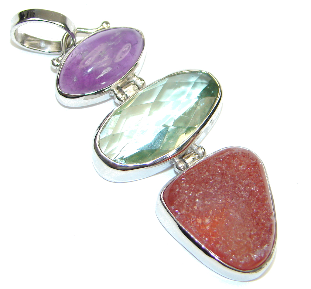 Amazing! Agate Druzy & Green - Purple Amethyst Sterling Silver Pendant