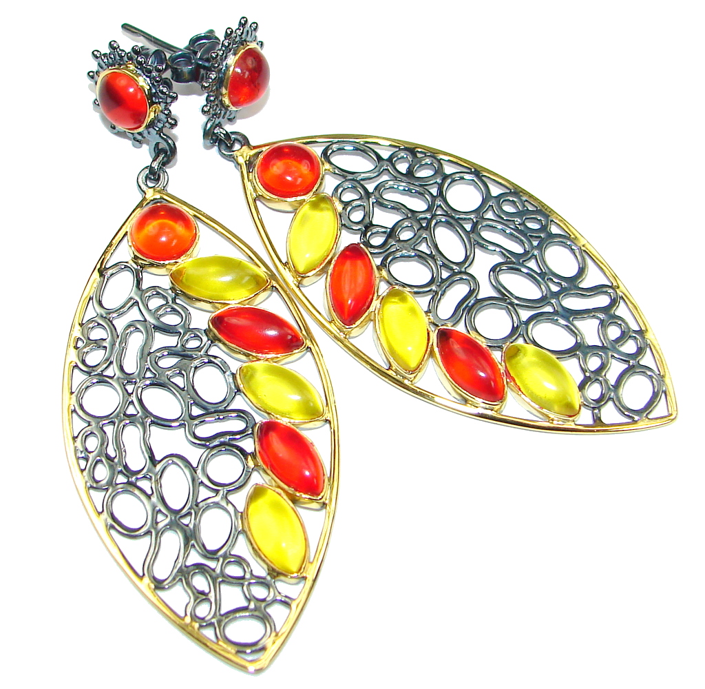 Long! Multicolor Quartz Gold Black Rhodium plated Sterling Silver Earrings