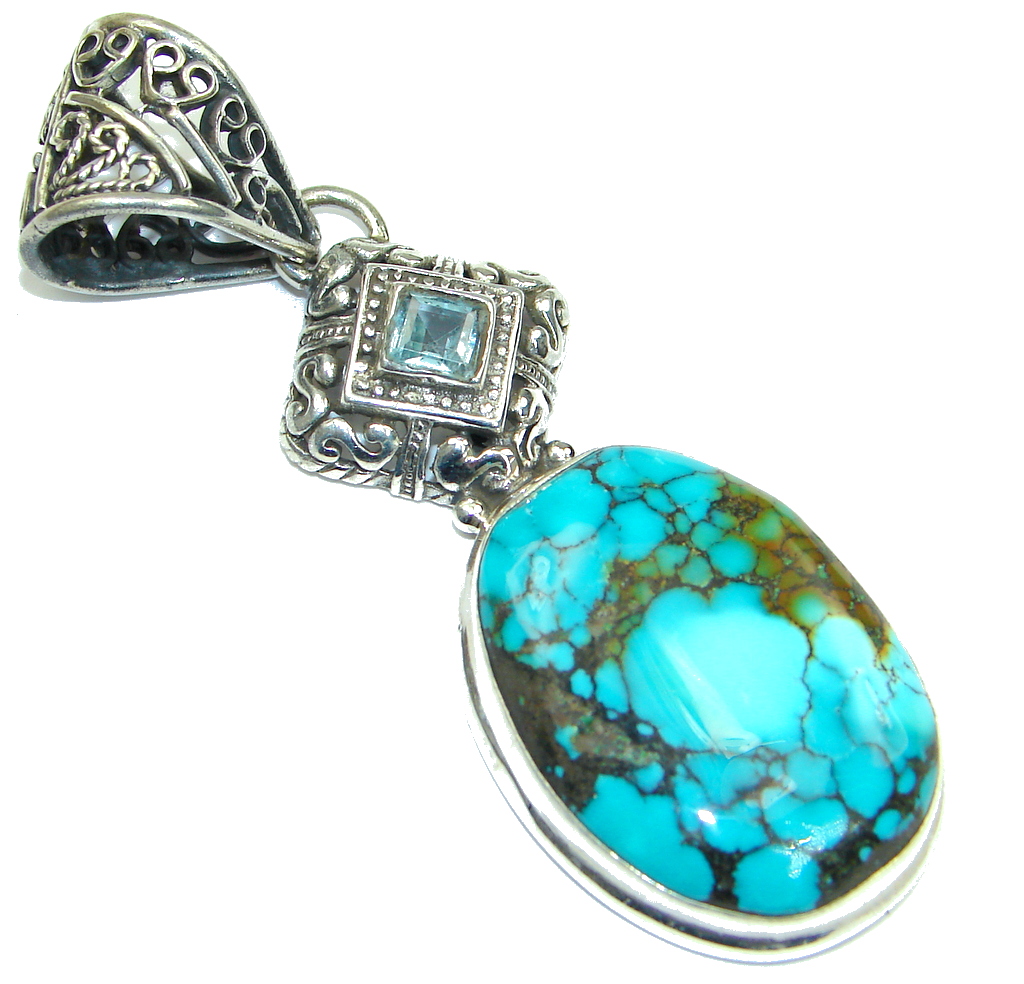 Simple! Spider Web Blue Turquoise Sterling Silver Pendant