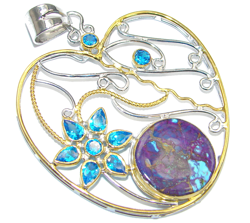 Big! Secret Apple! Purple Copper Turquoise, Gold Plated Sterling Silver Pendant