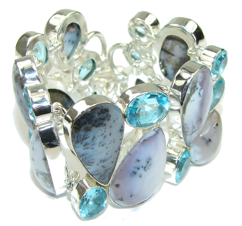 Just Glow! White-Black Dendritic Agate & Swiss Blue Topaz Sterling Silver Bracelet