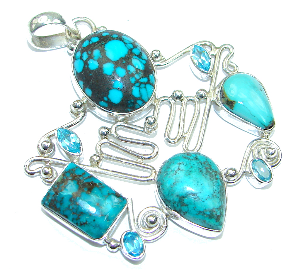 Large! Secret Beauty! Blue Turquoise Sterling Silver Pendant