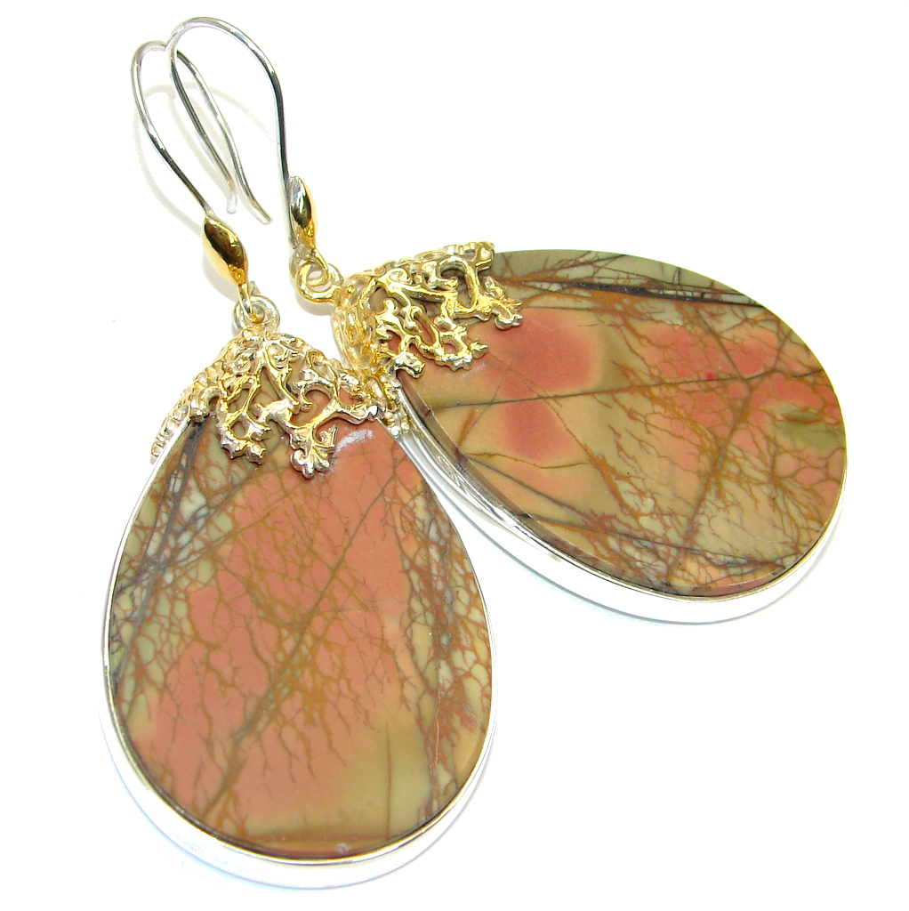 Big! Beautiful! AAA Red Creek Jasper Two Tones Sterling Silver Earrings