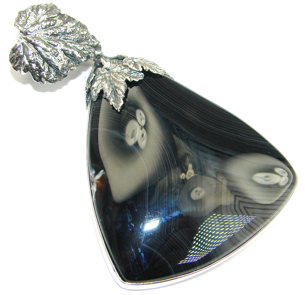 Big! Stunning! Black Botswana Agate Sterling Silver Pendant