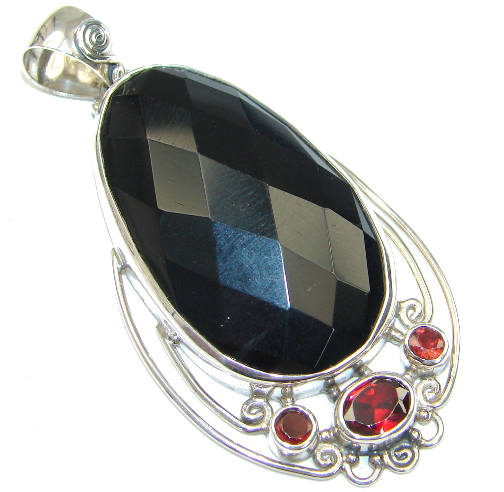 Amazing! AAA Black Onyx & Garnet Sterling Silver Pendant
