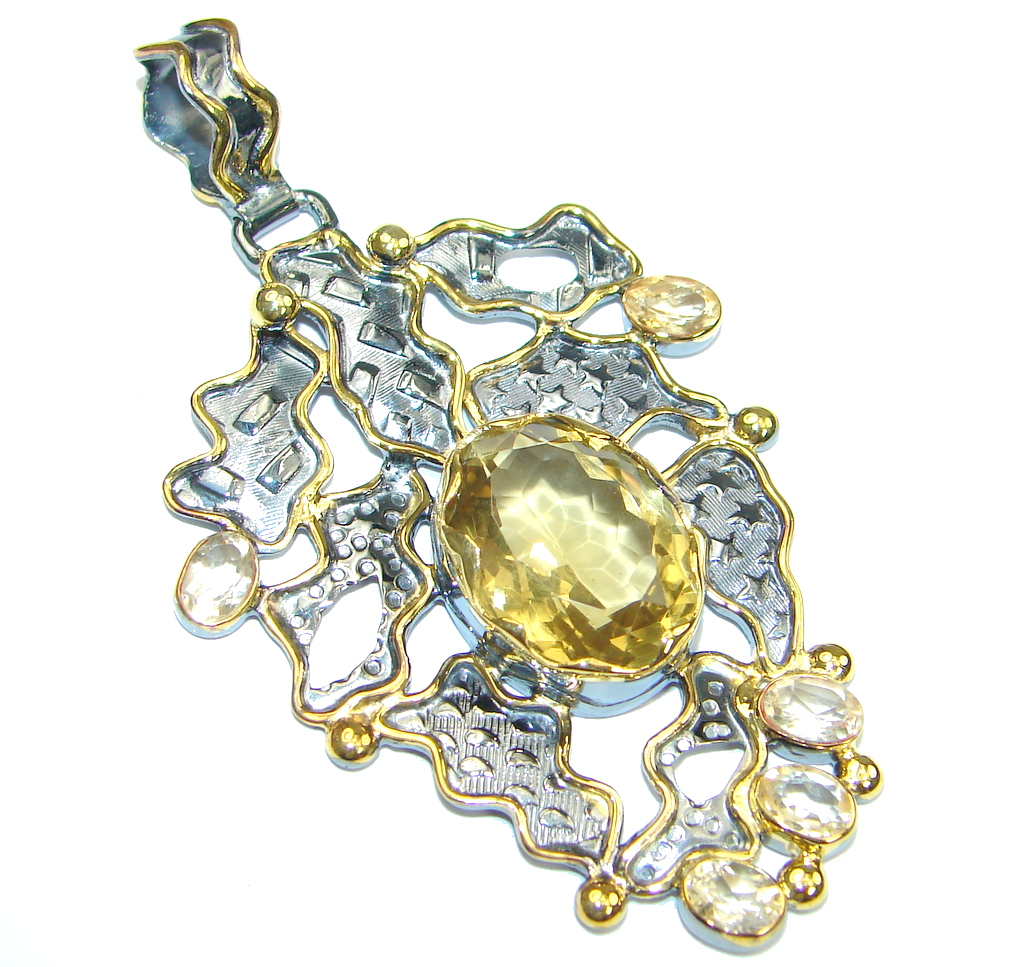 Perfect Genuine Citrine, Gold Plated, Rhodium Plated Sterling Silver Pendant