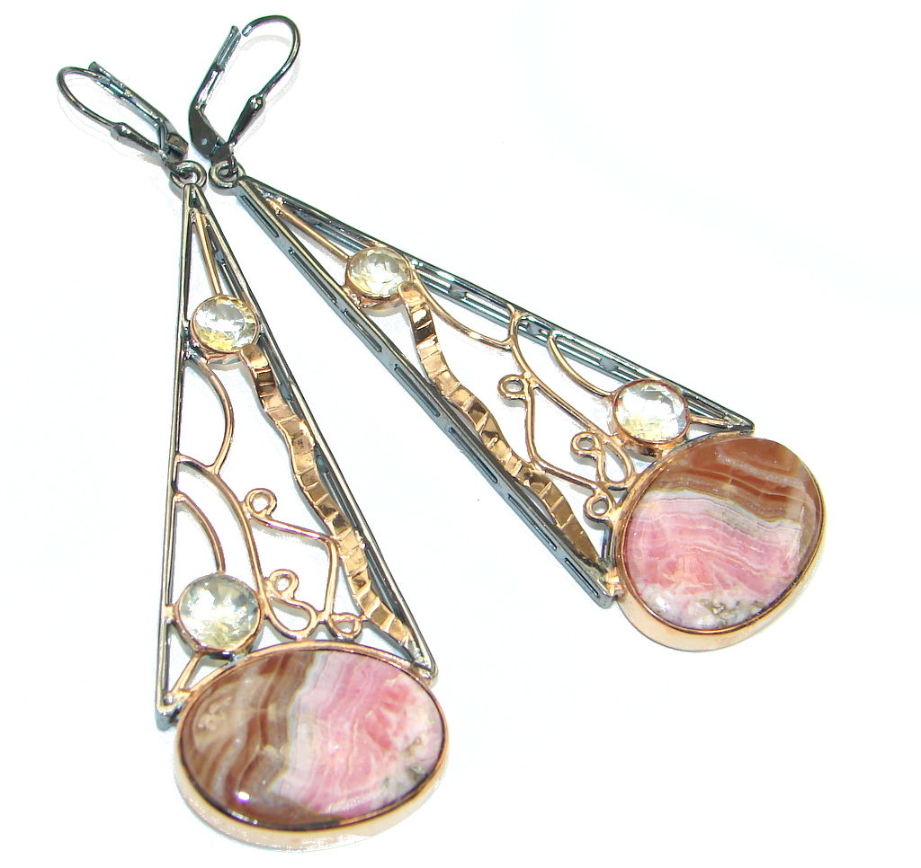 Artisian Design! AAA Pink Rhodochrosite & Citrine, Rose Gold Plated, Rhodium Plated Sterling Silver earrings / Long