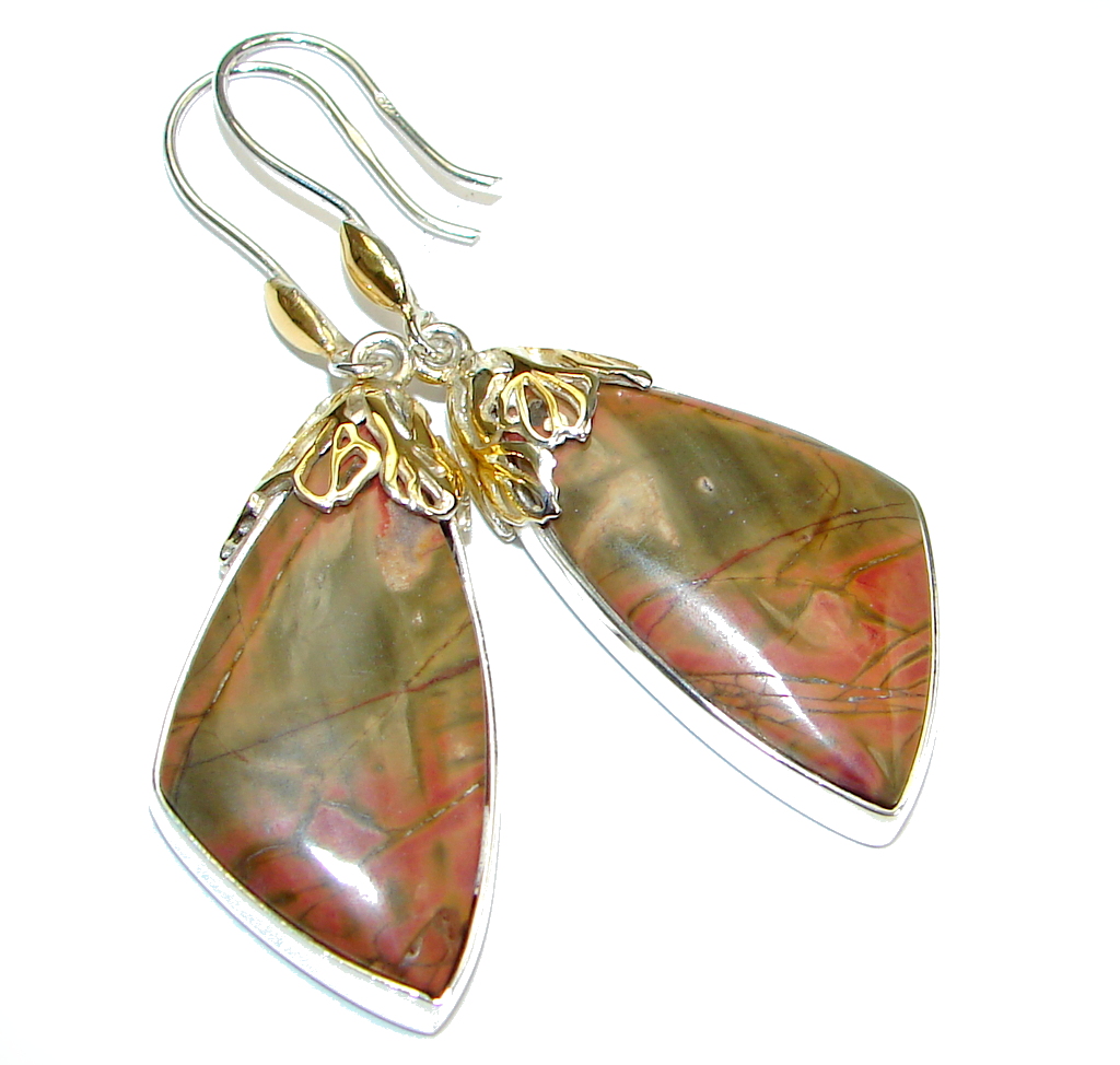 Beautiful! AAA Red Creek Jasper Two Tones Sterling Silver Earrings