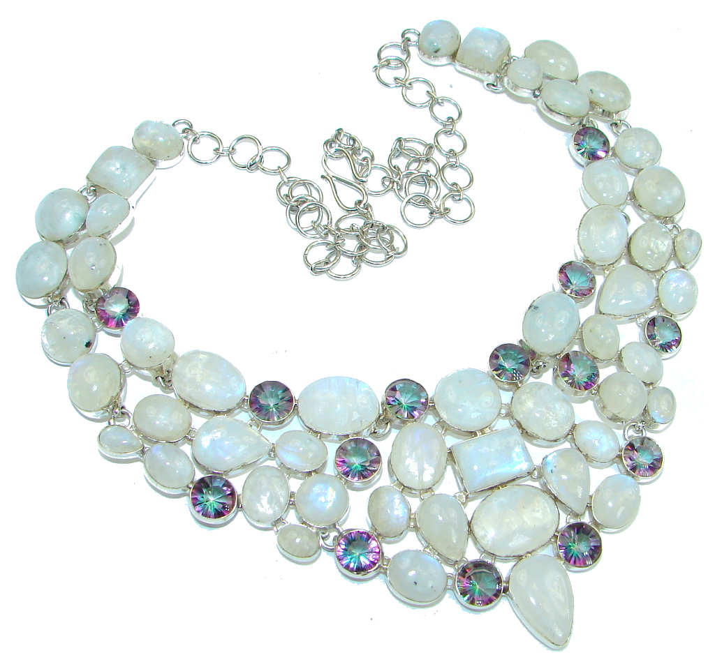Magic Style! AAA White Fire Moonstone & Magic Topaz Sterling Silver necklace