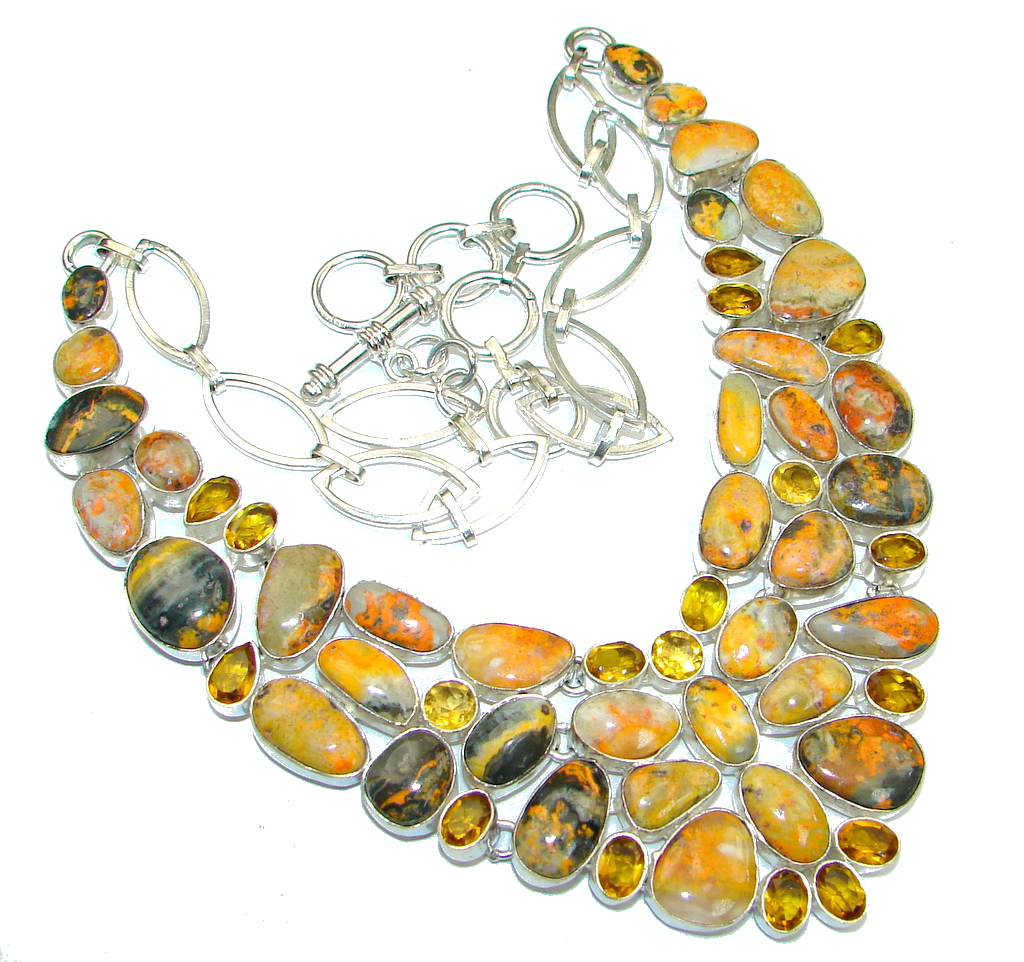Aura Of Beauty! Yellow Bumble Bee Jasper & Citrine Sterling Silver Necklace