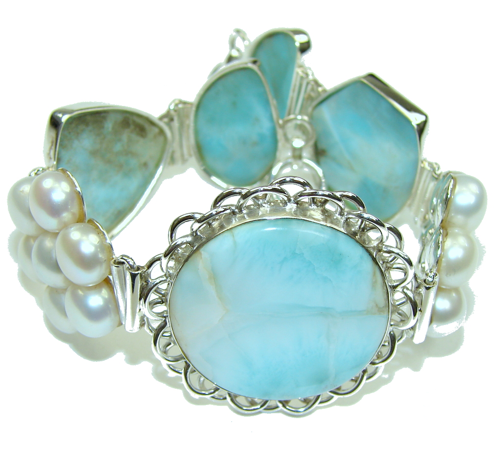 Beautiful Design! AAA Blue Larimar & Fresh Water Pearl Sterling Silver Bracelet