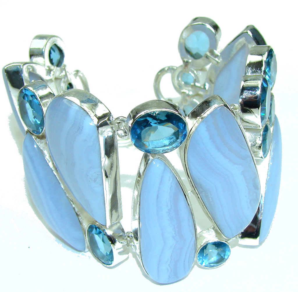 Solid Perfect Blue Lace Agate Sterling Silver Bracelet