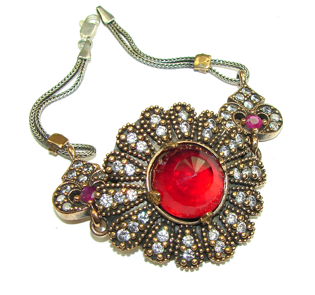 Victorian Style! Created Ruby, White Topaz Sterling Silver Bracelet