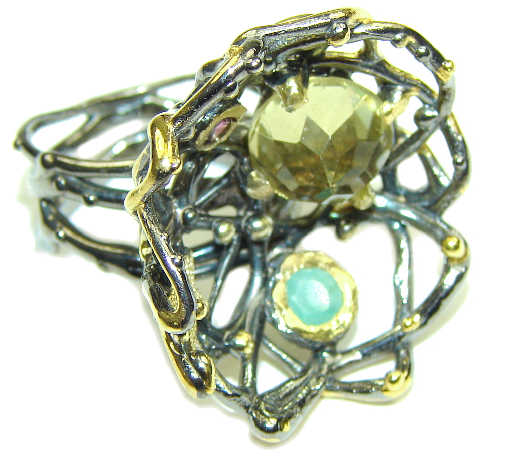 Mystic Universe Citrine Emerald Gold Plated, Rhodium Plated Sterling Silver Ring s. 7 1/4