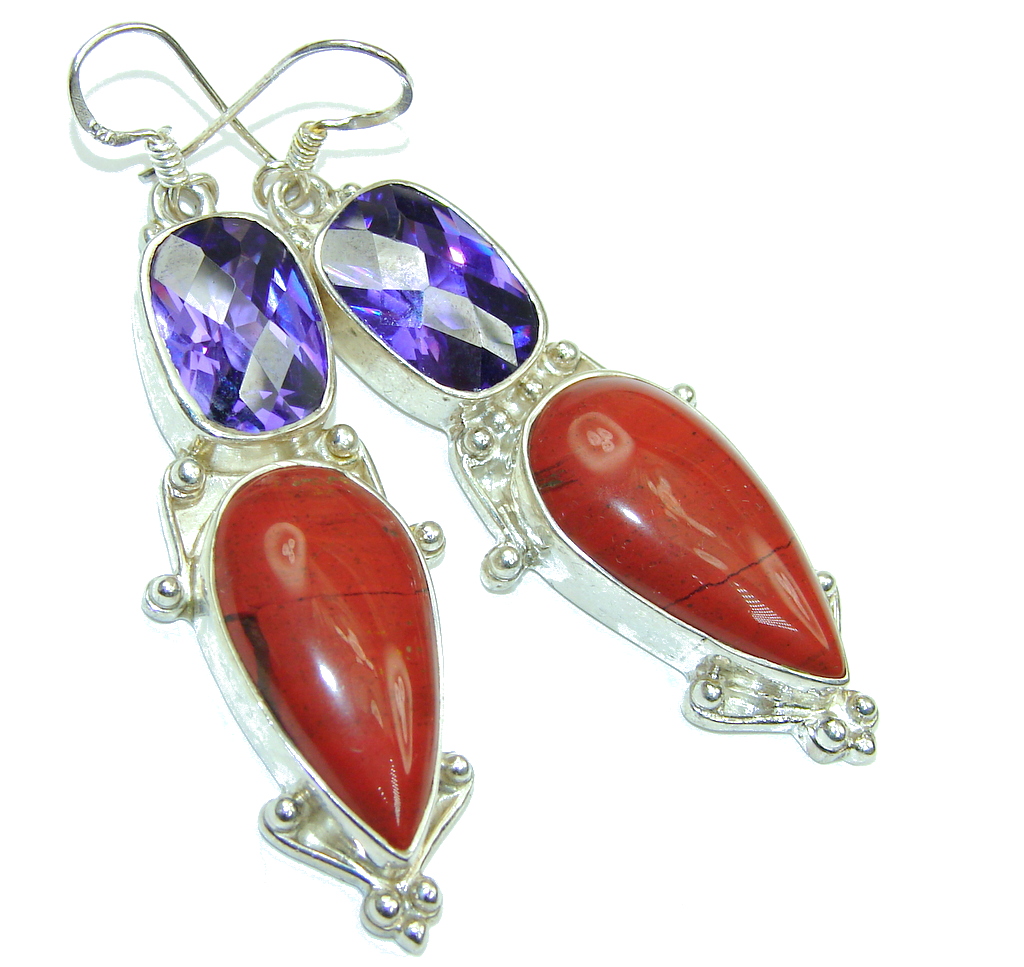 Beautiful! AAA Red Jasper Purple Quartz Sterling Silver Earrings