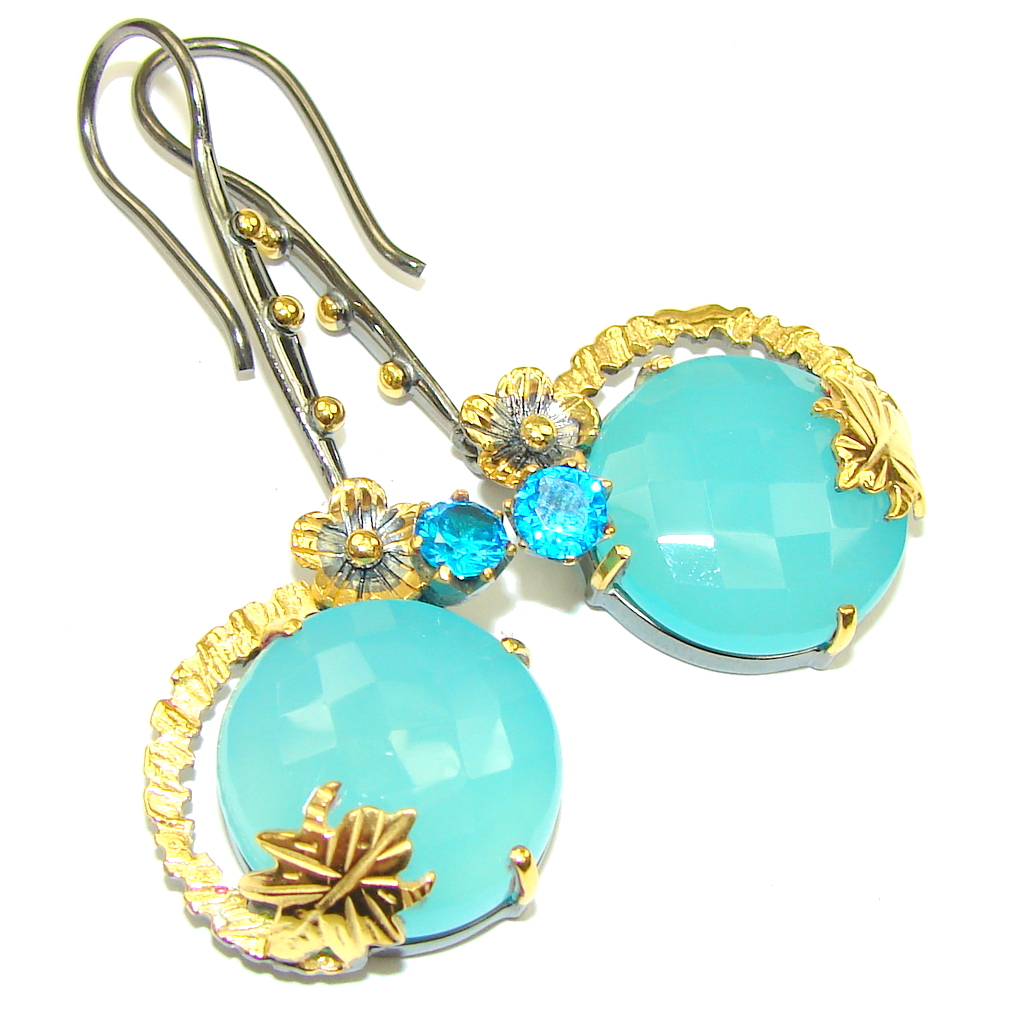 Long! Great Color Of Chalcedony Agate Two Tones Sterling Silver earrings