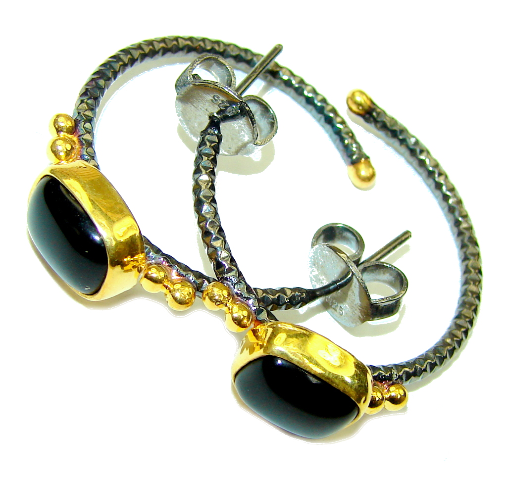 Amazing! Black Onyx Two tones Sterling Silver earrings