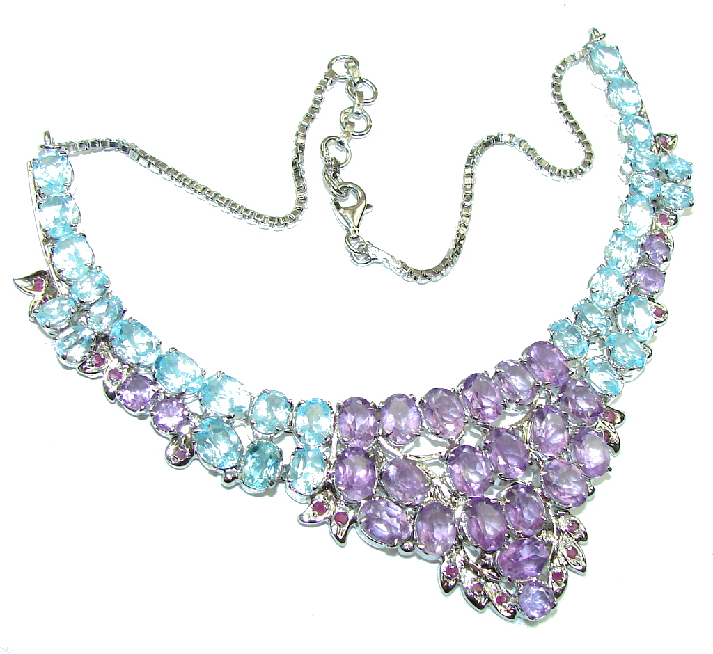 Royal Design Natural Purple Amethyst Blue Topaz Sterling Silver necklace
