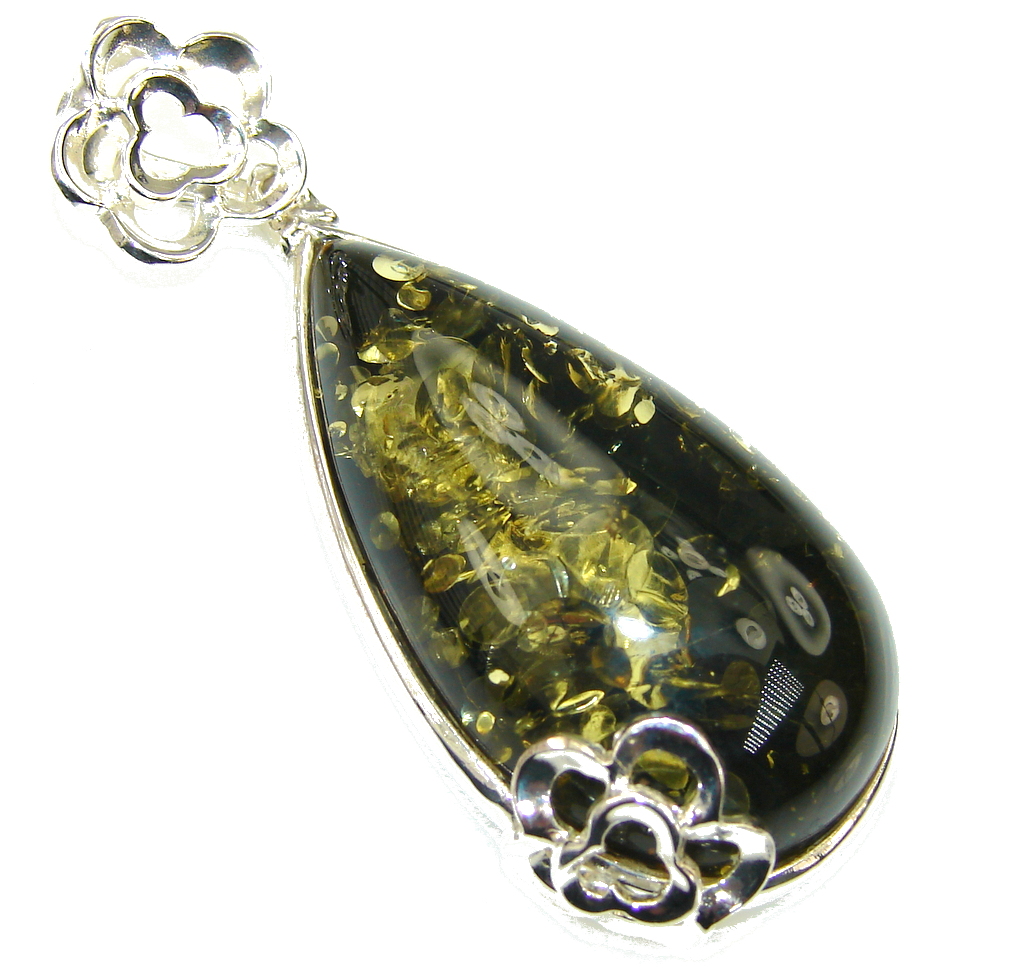 Natural Prehistoric Green Baltic Polish Amber Sterling Silver Pendant
