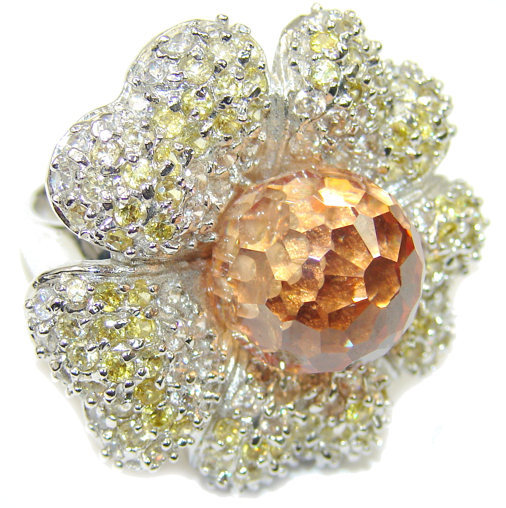 Large! Fashion Golden Topaz Quartz & Citrine Quartz Sterling Silver Ring s. 6 1/2