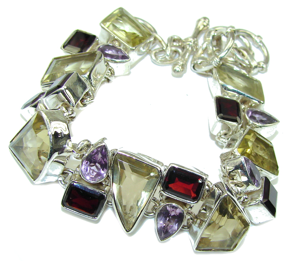 Amazing Yellow Citrine & Garnet & Amethyst Sterling Silver Bracelet