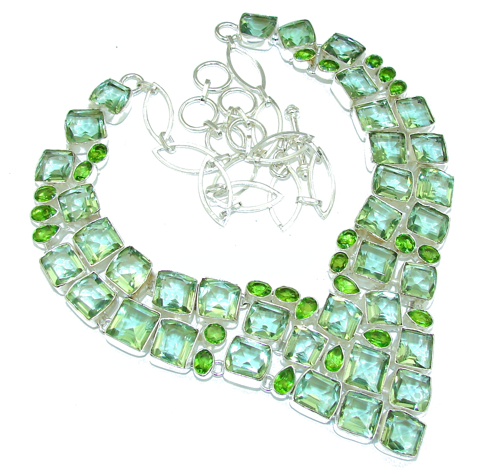 Green Lotus! Created Green Amethyst Sterling Silver necklace