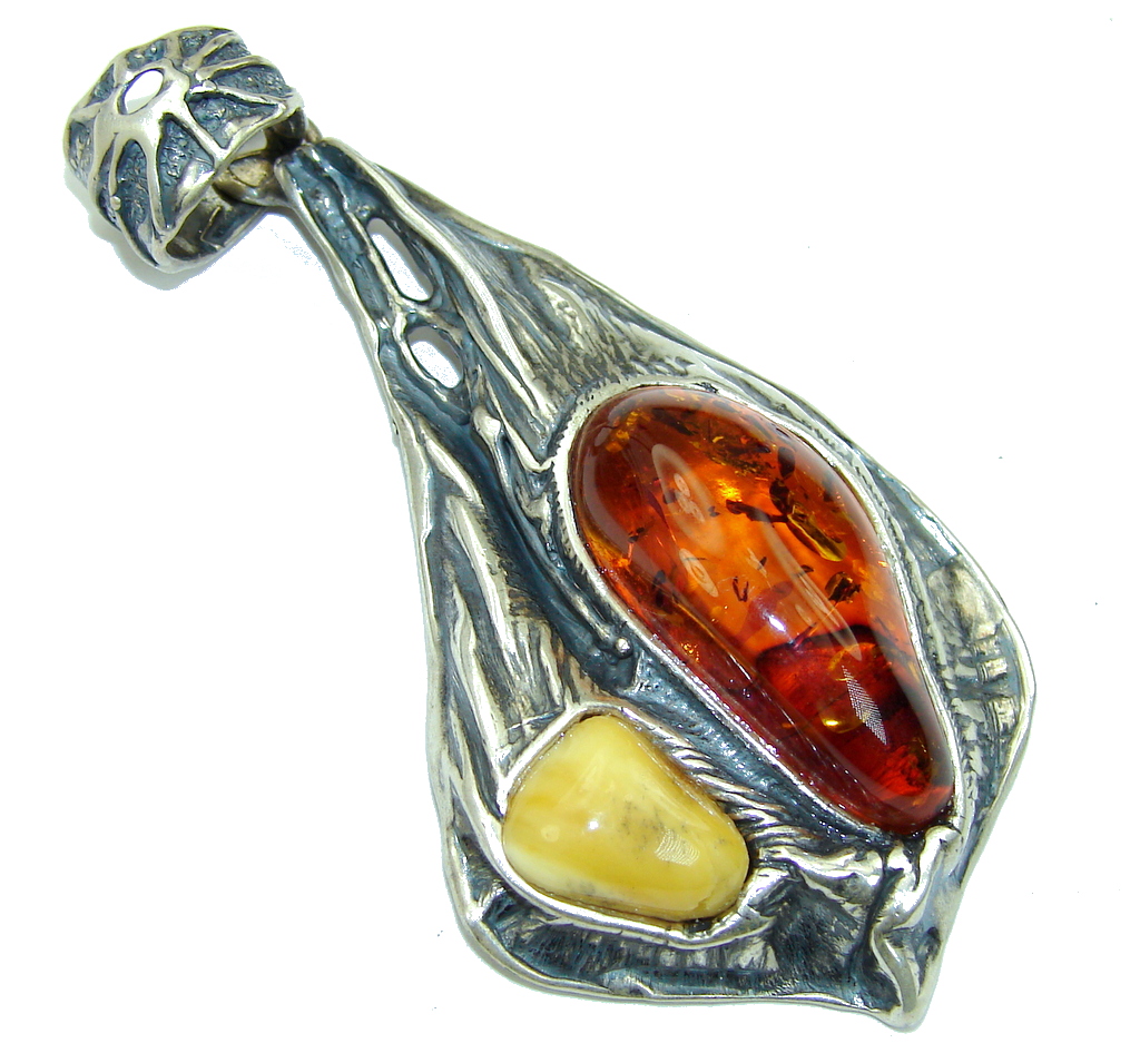 Big! Vintage Style! Butterscotch, Brown Amber Sterling Silver Pendant