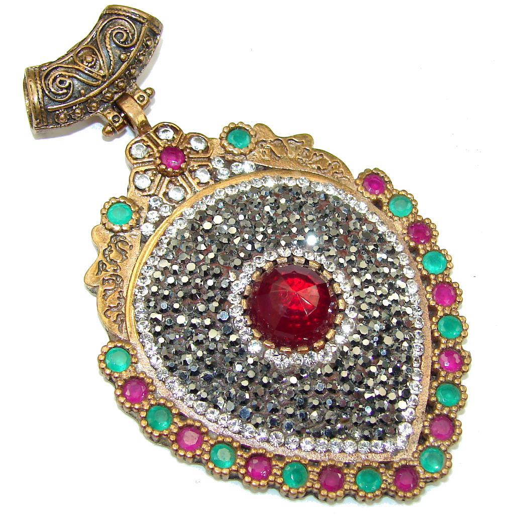 Victorian Style! Red Garnet & Ruby & Emerald Sterling Silver Pendant