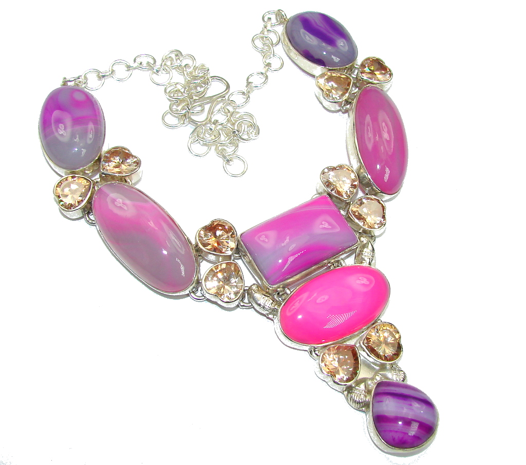 Exotic Style! Multicolor Botswana Agate Sterling Silver necklace